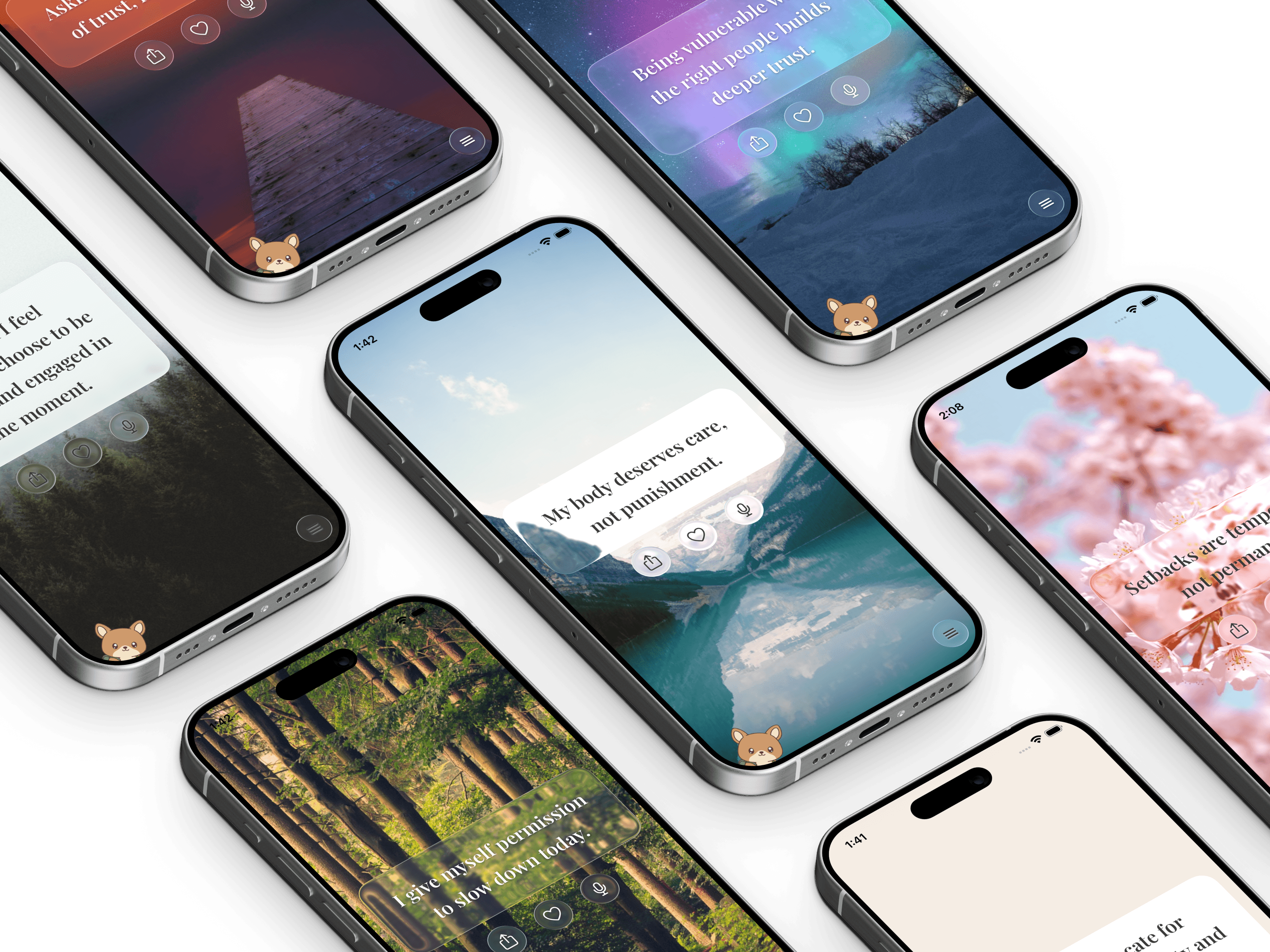 Joey app shown on multiple phones with different nature backgrounds — mountains, aurora, cherry blossom, forest, and more