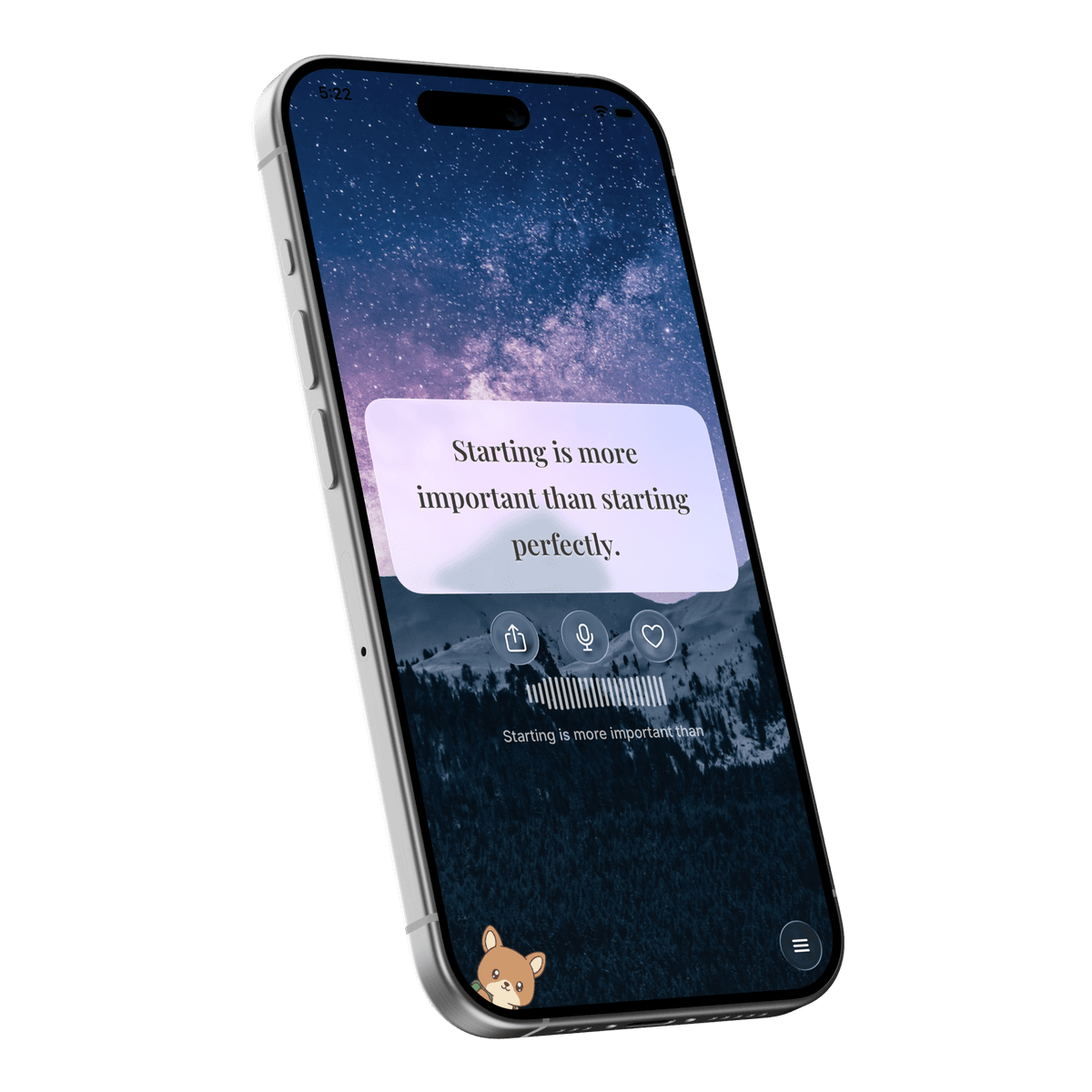 Joey voice affirmation screen — speaking an affirmation aloud with live waveform visualization on a starry mountain background